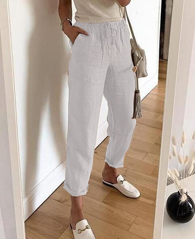Femmes Pantalon en coton et lin Pantalons Mode Longueur complète Uni Poches Latérales Confort Non Elastique Décontracté Quotidien Noir Blanche Kaki Gris Coupe régulière de 2025 ? $21.99 –P1