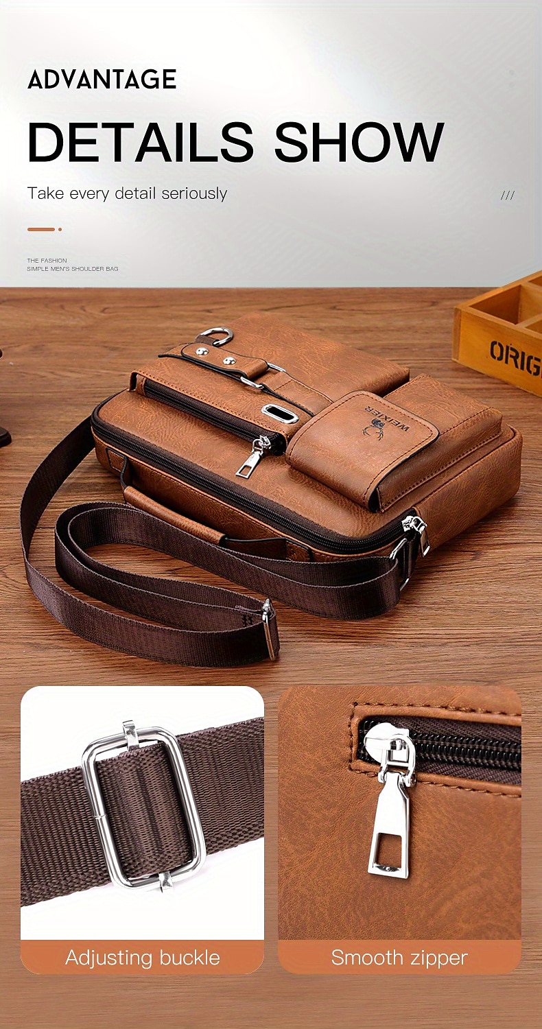 Men's Brown Faux Leather Messenger Bag with Multiple Pockets and Adjustable Strap - Stylish and Functional Crossbody Bag for Travel and Daily Use 2025 - $24.99 –P9
