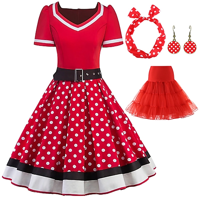 Retro Vintage 1950er Jahre Grease Outfits Rockabilly Petticoat Hoops Rock A-Linien Kleid Tutu Polka Dot Schickes Kleid Damen Party  Abend Maskerade Erwachsenen Kleid Ohrringe Kopfschmuck Frühling  2026 - $51.99 –P7