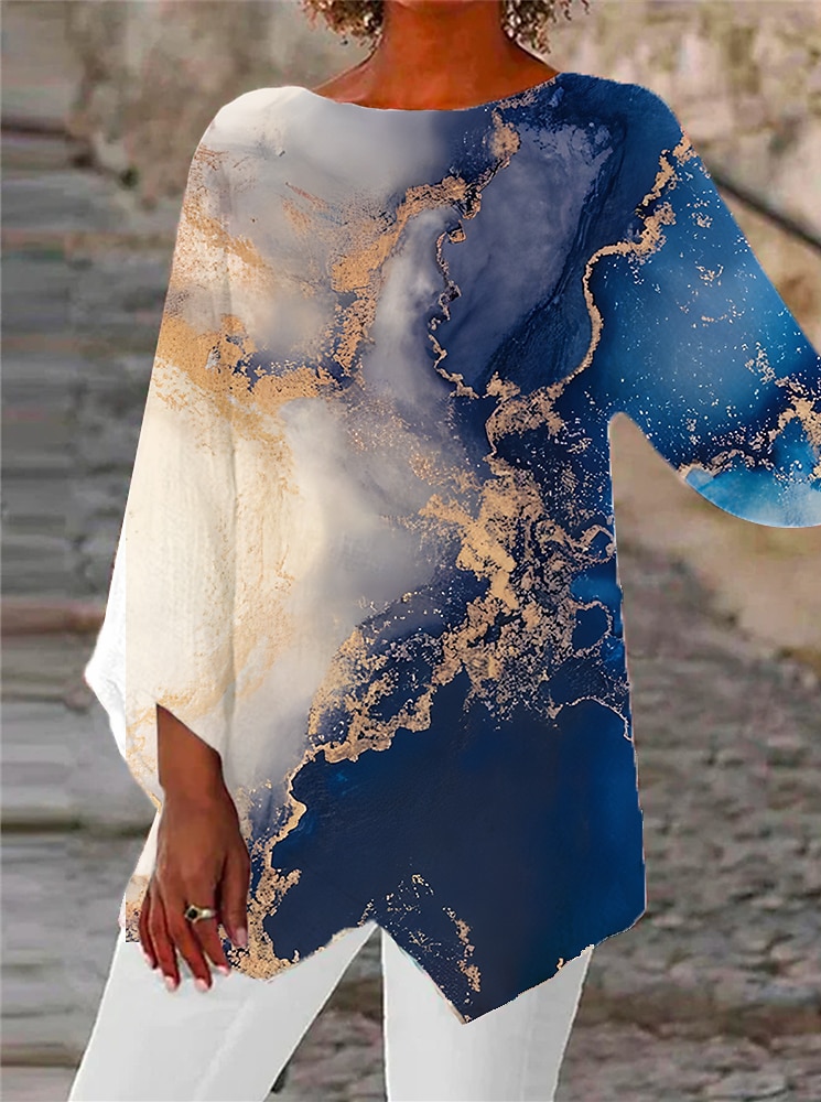 Kvinnors blus chiffong daglig grundläggande neongrön  ljus abstrakt tryck långärmad lång toppar rund hals avslappnad ljusgrön rosa blå grön beige höst  vinter 2025 - $24.99 –P7
