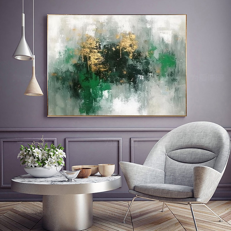 Handgefertigtes Ölgemälde auf Leinwand, Wandkunst, Dekoration, handbemalt, modernes, grünes, goldenes, abstraktes Gemälde für die Inneneinrichtung, gerolltes, rahmenloses, ungedehntes Gemälde 2025 - $85.99 –P8