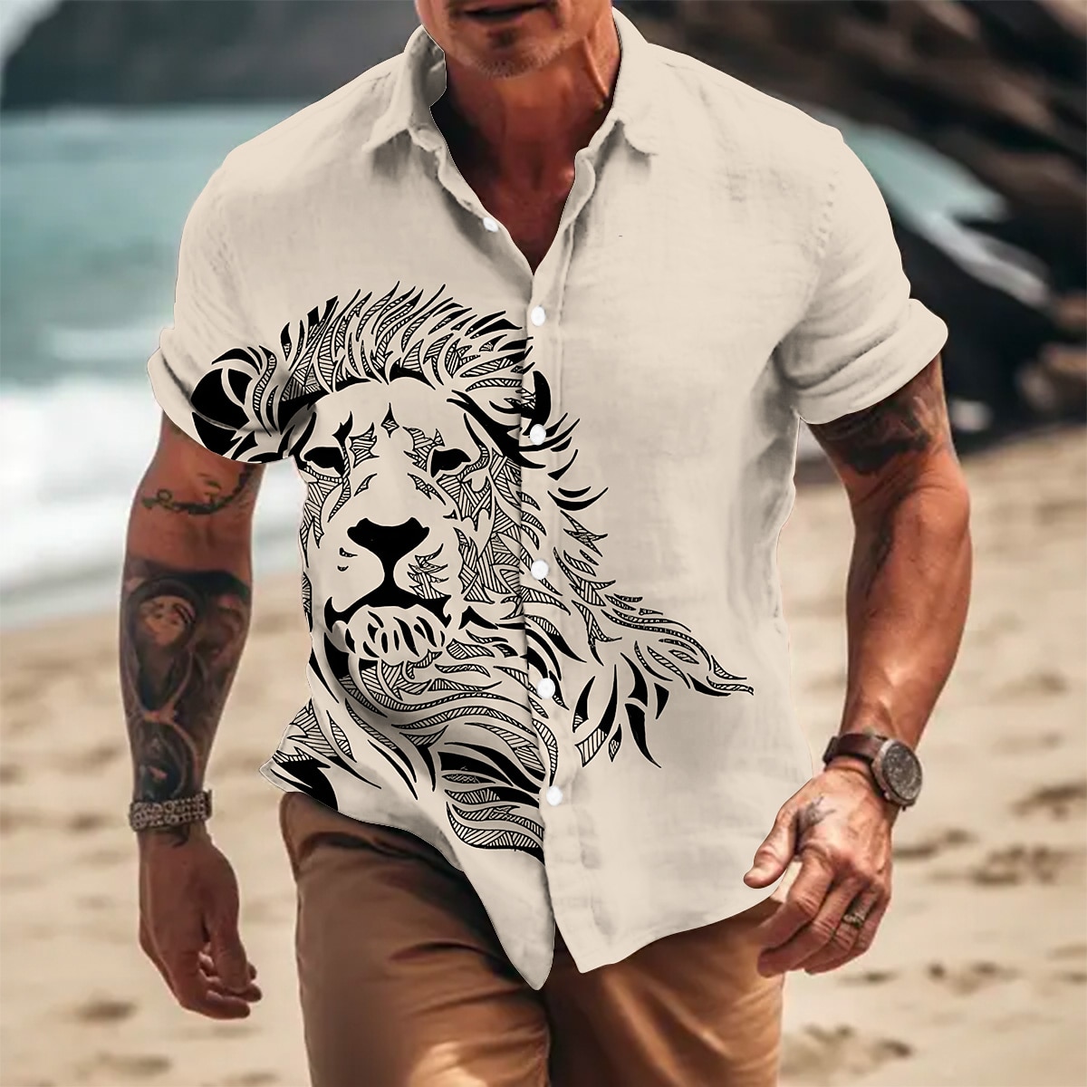Per uomo Animali Leone Camicia Camicia con bottoni Manica corta Di tendenza Originale Informale Esterno Informale Estate Primavera Collo ripiegabile Stampa Blu Marrone Cachi Grigio del 2025 a $24.99 –P3