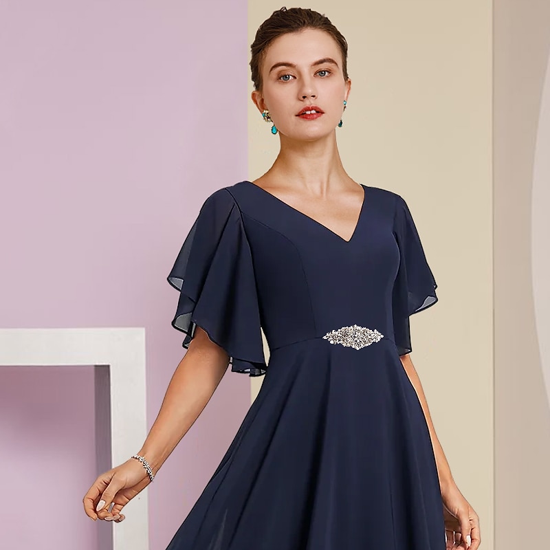 A-Linien Kleid für die Mutter der Braut Formal Hochzeitsgast Eleganter V-Ausschnitt Tee-Länge Chiffon Spitze Kurzarm mit Applikationen Kristallbrosche 2025 kostenlose Maßanfertigung 2025 - $139.99 –P3