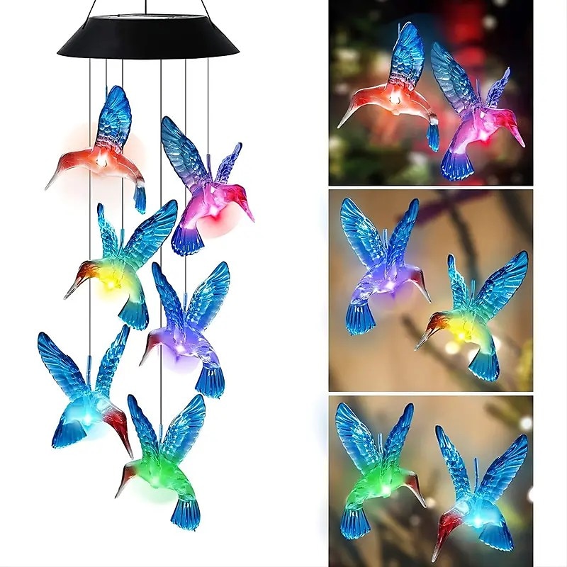 Led Colorful Solar Power Wind Chime Crystal Hummingbird Butterfly  Waterproof Outdoor Windchime Solar Light For Garden Patio