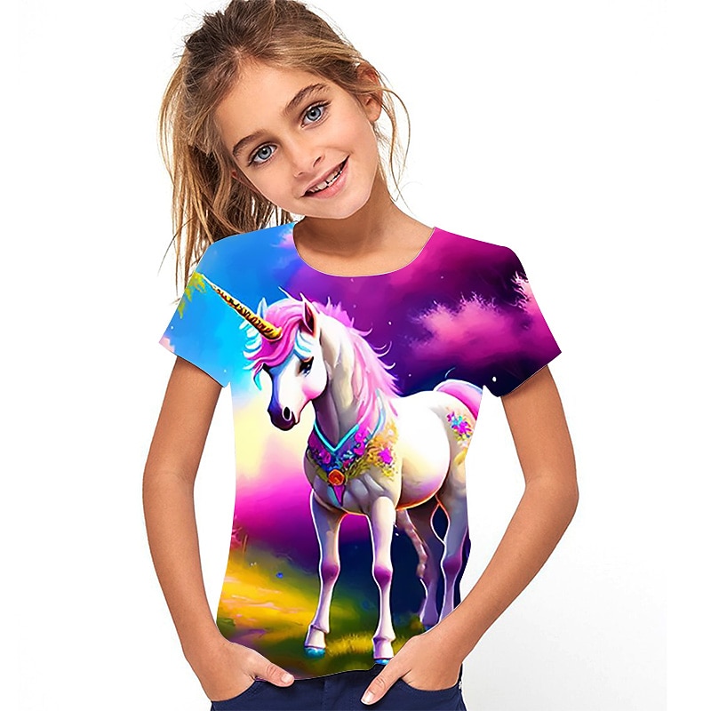 Kinderen Voor meisjes T-shirt Grafisch Buiten 3D-afdrukken Korte mouw Ronde hals Actief 7-13 jaar Zomer Meerkleurig Blozend Roze Rood 2026 - $10.99 –P8