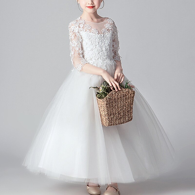 kinderkleidung Mädchen Blumenmädchen Kleid Kleid Party Kleid Feste Farbe 3/4 Ärmel Leistung Hochzeit Party Spitze Gitter Modisch bezaubernd Prinzessin Polyester Maxi Spitzenkleid abendkleider 2025 - $45.99 –P4