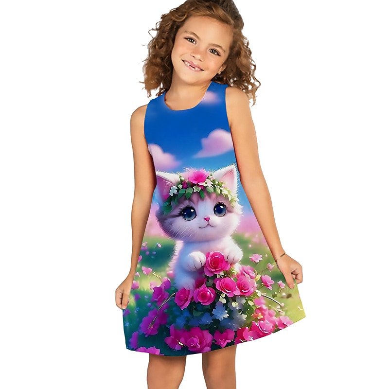 Barn Flickor Klänning Grafisk Blommig Katt Ärmlös Utomhus Ledigt Mode söt stil Dagligen Polyester Ovanför knäet Vardagsklänning A linjeklänning Linneklänning Sommar Vår 3-12 år Ljusgrön Marinbl 2025 - $13.99 –P6