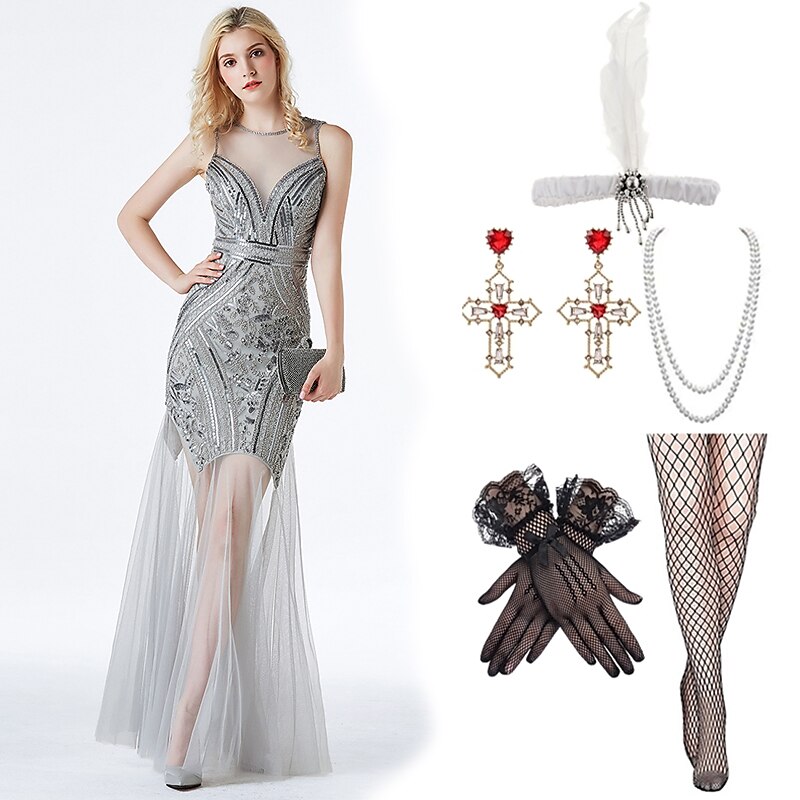Retro vintage Roaring jaren '20 Jaren 1920 Lange Lengte Flapper jurk Cocktailjurk Jaren ‘20 flapper hoofdband Mouwloos Bruiloftsgast Pailletten Lovertje Ronde hals Dames Carnaval Valentijnsdag 2025 - $55.99 –P6