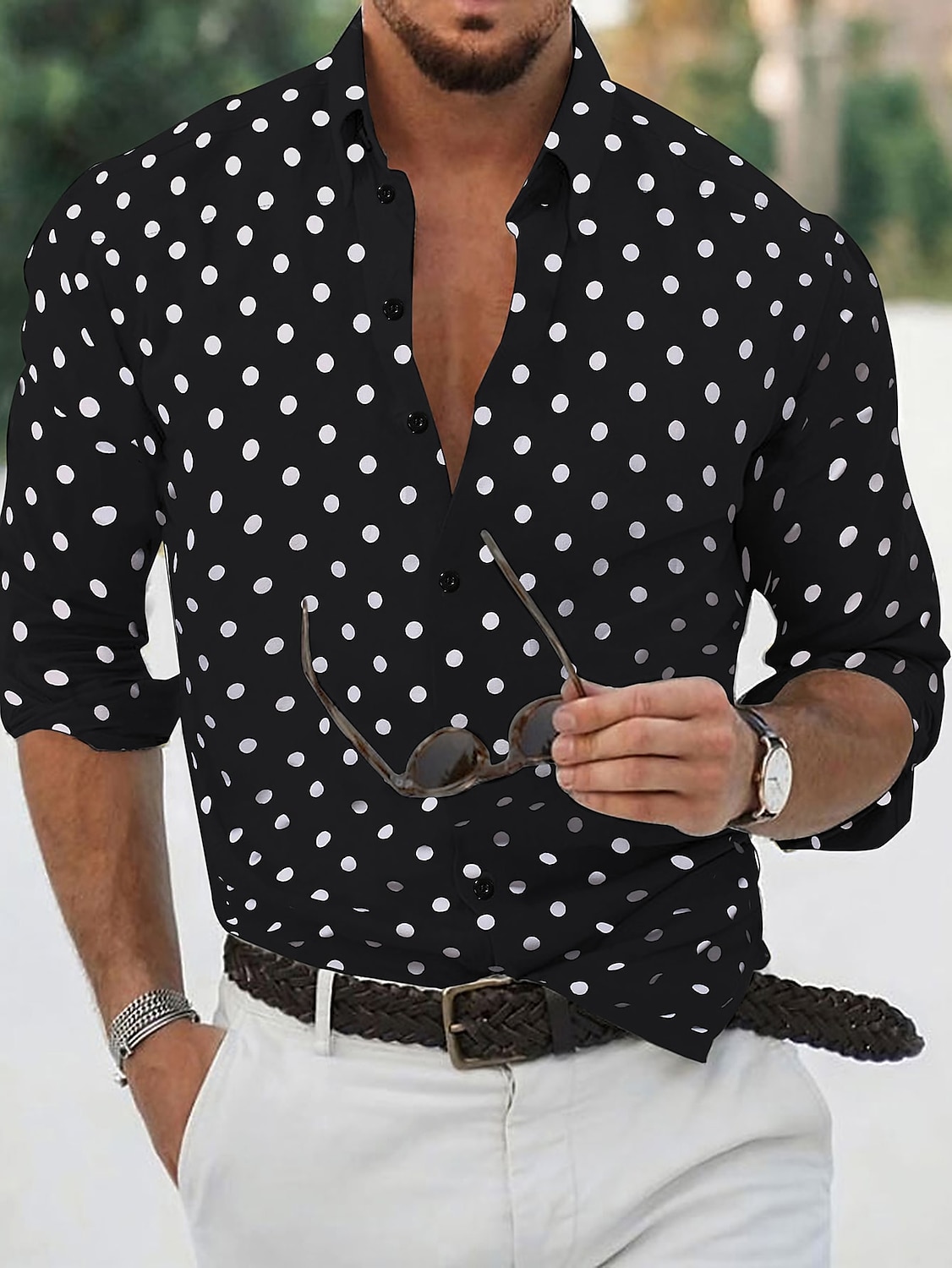 Men's Shirt Button Up Shirt Casual Shirt Summer Shirt Black White Pink Blue Long Sleeve Polka Dot Lapel Daily Vacation Clothing Apparel Fashion Casual Comfortable 2025 - GBP £17 –P8