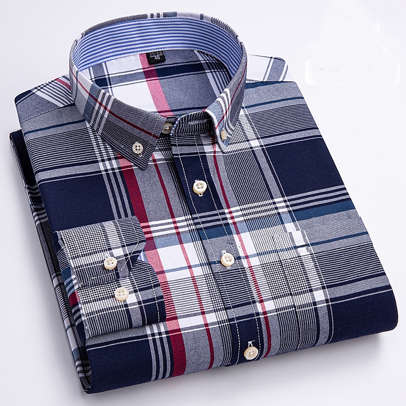 Herren Oberhemd Gestreiftes Hemd Hemd Bügelfreies Hemd Oxford Hemd Kariert / Gestreift / Chevron Hochzeit Büro & Karriere Hellblau Dunkelrot Rote Dunkelmarine Langarm Hemdkragen Ganzjährig Bekleidung 2025 - $33.99 –P8