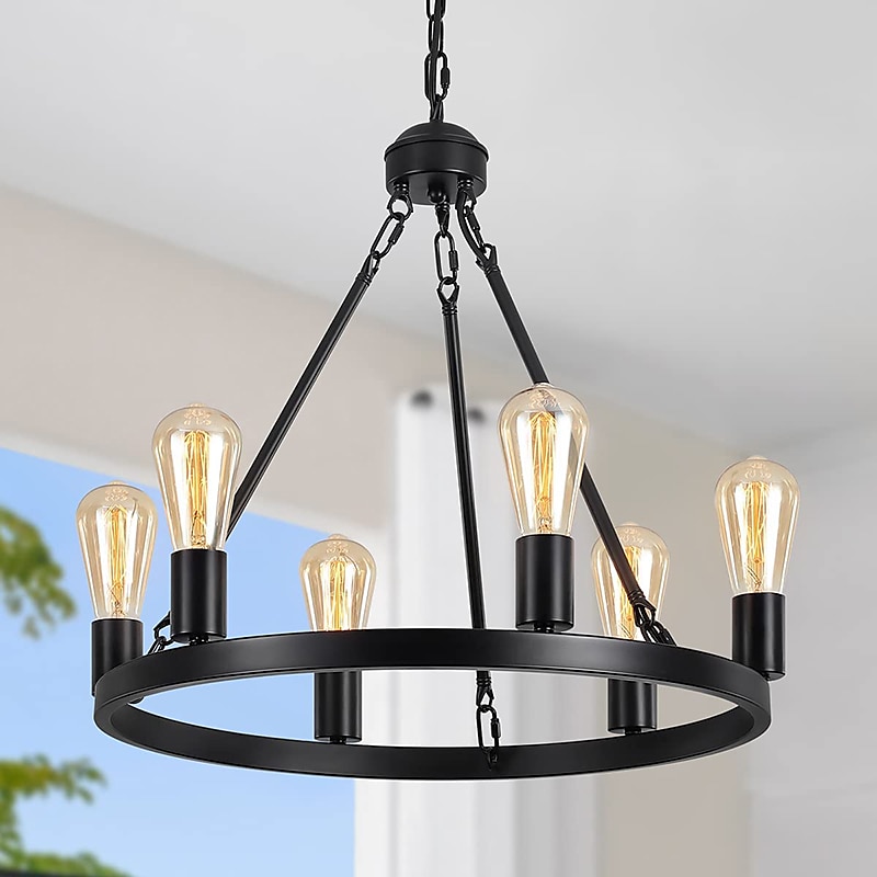 svart matt lysekrone 6-lys vognhjul lysekrone 21" gårdshus anheng lysekroner armatur moderne industriell lysekrone for stue spisestue kjøkken øy entré foaje bar 110-240v 2025 - $275.09 –P2