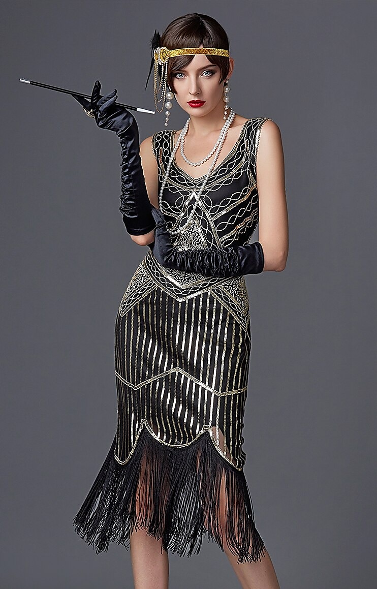 Retro Řvoucí 20s 20. léta 20. století Bubenové šaty Šaty Úbory Velký Gatsby Flitry Třásně Maškarní kostým Dámské Večírek Plesová maškaráda Dospělé Šaty Rukavice Punčocháče Jaro léto Celý rok 2025 - $55.99 –P2