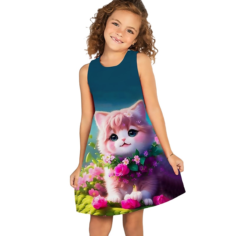 Barn Flickor Klänning Grafisk Blommig Katt Ärmlös Utomhus Ledigt Mode söt stil Dagligen Polyester Ovanför knäet Vardagsklänning A linjeklänning Linneklänning Sommar Vår 3-12 år Ljusgrön Marinbl 2025 - $13.99 –P8