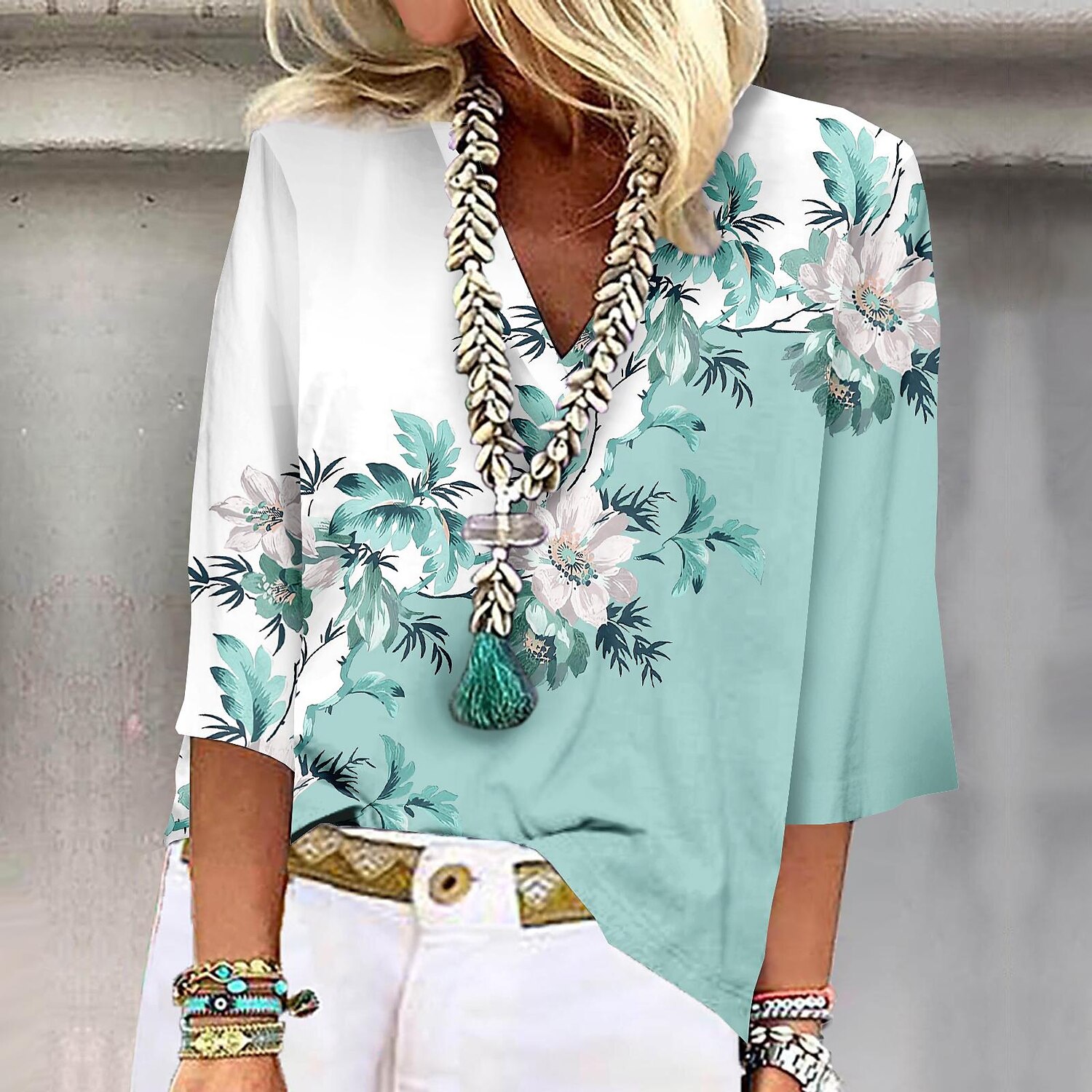 Women Tops Half Sleeve Shirts Ladies V Neck Holiday Casual Floral Print  Blouse