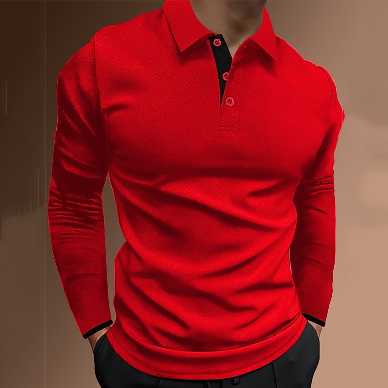 Men's Button Up Polos Polo Shirt Casual Holiday Lapel Long Sleeve Fashion Basic Plain Button Summer Regular Fit Fire Red Black Dark navy Button Up Polos 2025 - $21.99 –P6