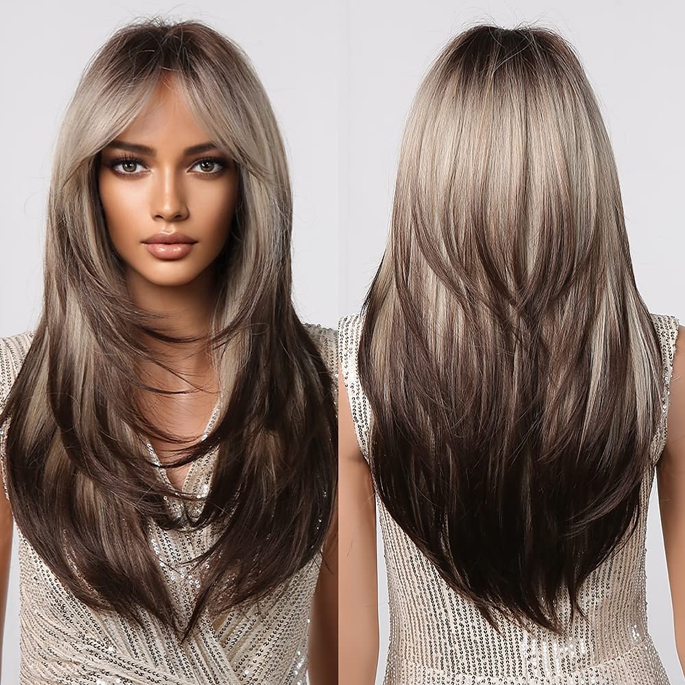 parrucche ombre castane bionde per donne nere parrucche dritte a strati lunghi con frangia d'aria parrucche sintetiche capelli naturali per uso quotidiano parrucche barbiecore del 2025 a $21.99 –P5
