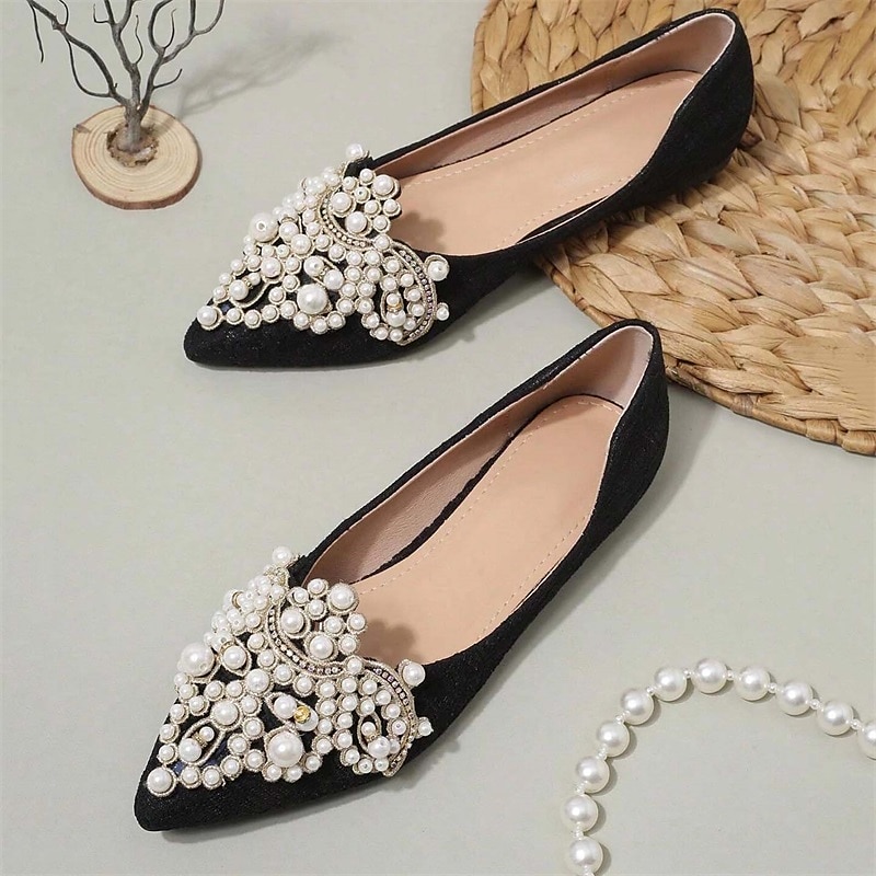 Hochzeitsschuhe für Braut, Brautjungfer, Damen, geschlossene Zehenpartie, spitze Zehenpartie, Aprikosenschwarze PU-Flats mit Imitationsperlenkristall, flacher Absatz, Hochzeit, Party, Valentinstag, eleganter Klassiker 2025 - $46.99 –P11