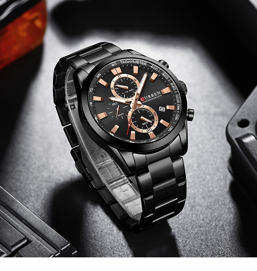 Curren Black Gold Watch for Men Fashion Quartz Sports Wristwatch  Chronograph Clock Date Watches Stainless Steel Male Watch