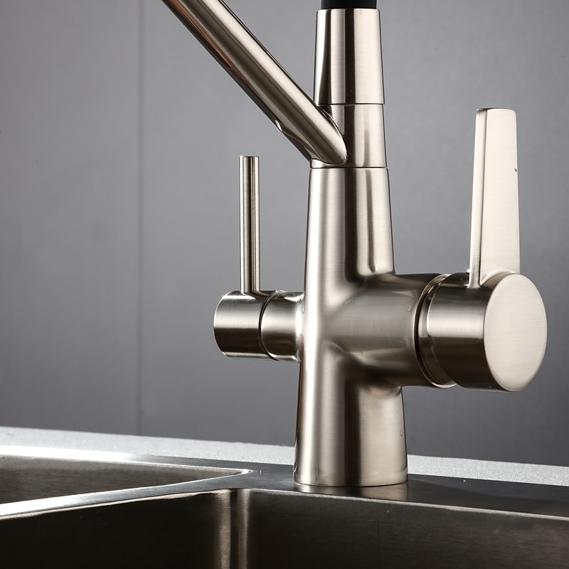 keukenkraan neerklapbare sproeikop, gezuiverd water dubbele uitloop kranen gootsteen mixer badrandcombinaties, 360 roterende dubbele handgreep hoge boog flexibele buis vat messing kraan 2024 - €109.99 -P12