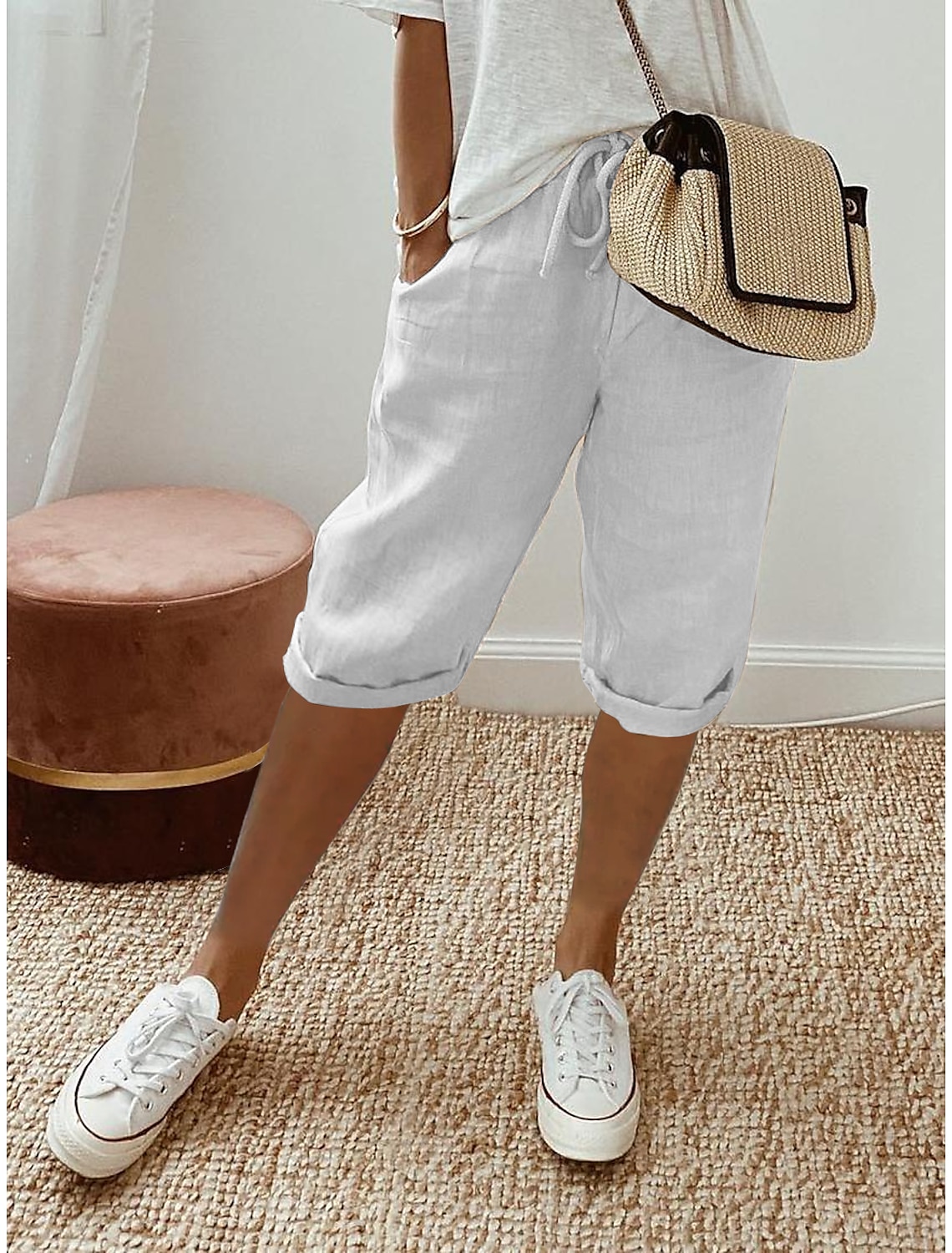 Women's Linen Pants Baggy Knee Length Pocket Baggy Vacation Casual Daily Casual Daily Wear Robin's Egg Blue White / White S M Autumn / Fall Spring & Summer 2023 - US $16.99 –P2