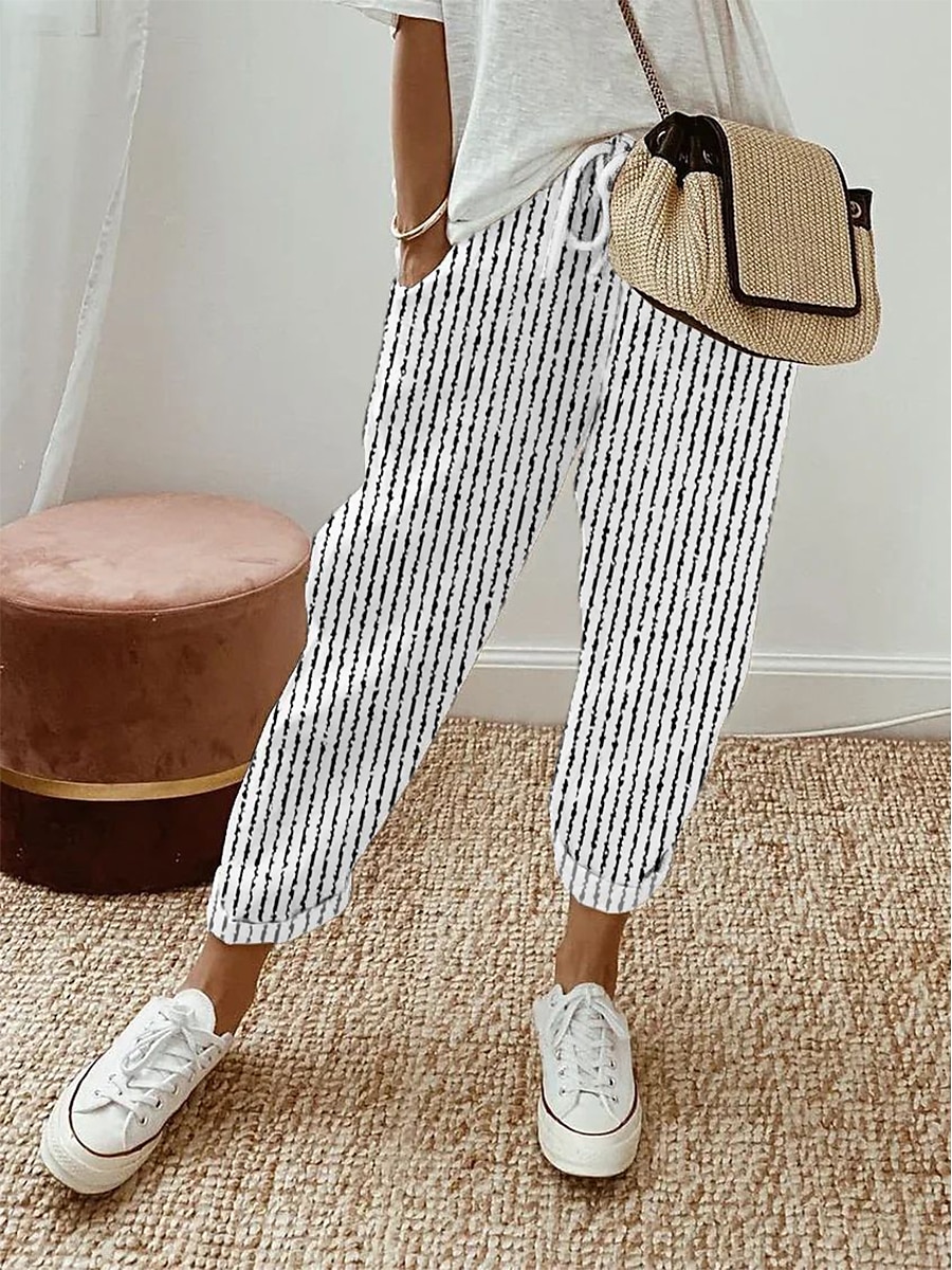 Women's Cotton Linen Pants Baggy Pants Stylish Casual Daily Full Length Natural Striped Lines / Waves Pocket Drawstring Baggy Breathability Comfortable Inelastic Casual Daily Wear White Blue Dark 2025 - $20.99 –P3