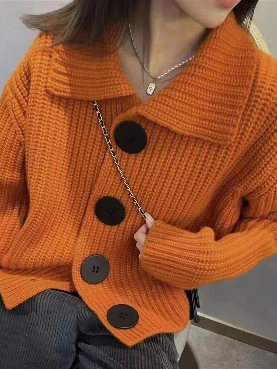 Women's Cardigan Sweater Shirt Collar Ribbed Knit Polyester Button Summer Spring Halloween Daily Going out Stylish Casual Soft Long Sleeve Solid Color White Orange Gray One-Size 2023 - US $21.99 –P7