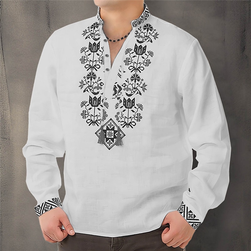 Men's Floral Ethnic Shirt Button Up Shirt Long Sleeve Fashion Streetwear Designer Outdoor Casual Daily Summer Spring Fall Stand Collar Print Red Blue Green Gray 2025 - $26.99 –P4