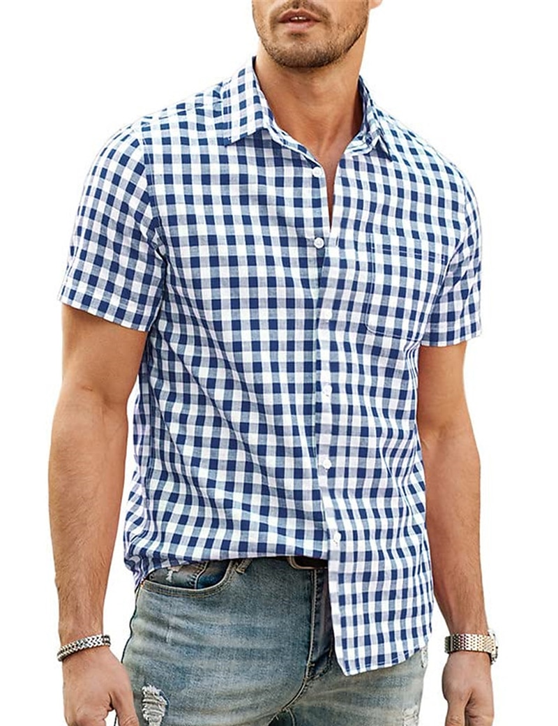 Men's Shirt Summer Shirt Casual Shirt Beach Shirt Button Up Shirt Checked Shirts Black Royal Blue Blue Red Dark Blue Short Sleeve Plaid / Check Lapel Vacation Daily Clothing Apparel Cotton Cotton 2025 - $21.99 –P7