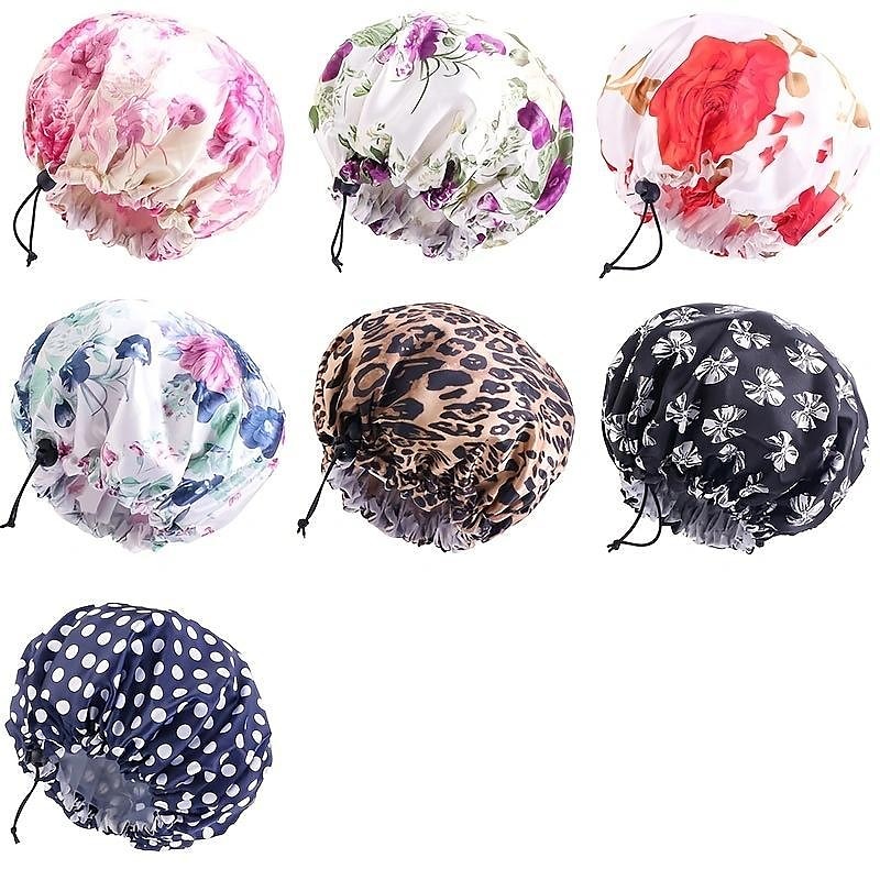 Touca de banho de seda com estampa de leopardo, touca de banho dupla à prova d'água, touca de cabelo eva reutilizável para proteção do cabelo, sete cores disponíveis, para cuidados diários com o banho de 2025 por $2.99 –P2