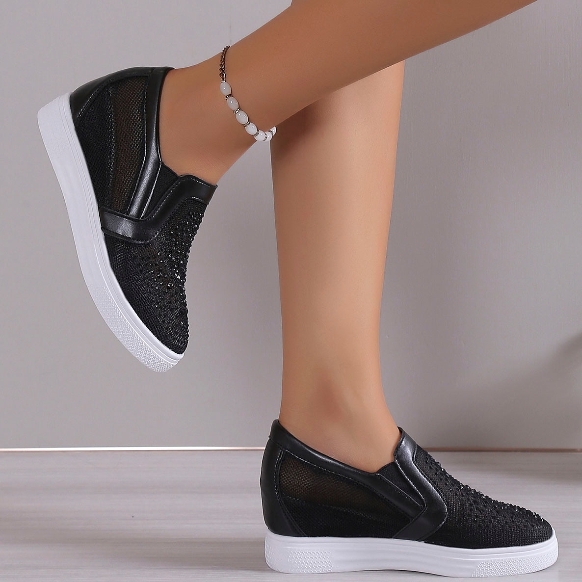 Women's Sneakers Slip-Ons Wedge Heels Height Increasing Shoes Platform Sneakers Daily Solid Color Galaxy Glow in the Dark Rhinestone Wedge Heel Hidden Heel Round Toe Fashion Sporty Casual Walking Mesh 2023 - AED 139 –P10