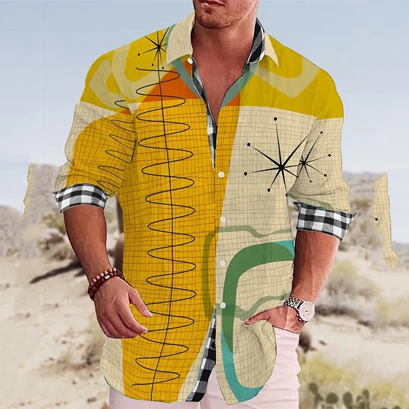 Voor heren Geometrie Papegaai Overhemd Hawaiiaans overhemd Aloha-shirt Lange mouw Overhemd Opstaand Modieus Streetwear Ontwerper Buiten Straat Casual Blauw-Groen Zwart Geel S M L 2025 - $27.99 –P6