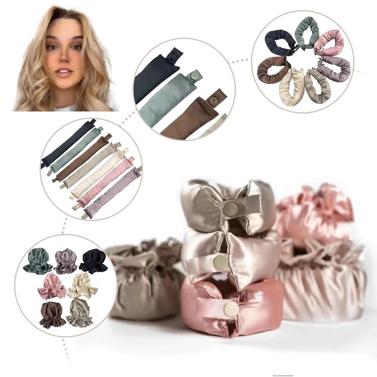 Juego de rizos satinados sin calor: varilla para rizar + cubierta para el cabello rizado, juego de rizos con bollos de calor cero, artefacto para rizar el cabello para personas perezosas con sueño de ola grande, juego de cabello rizado sin calor para muje 2025 - $11.99 –P4