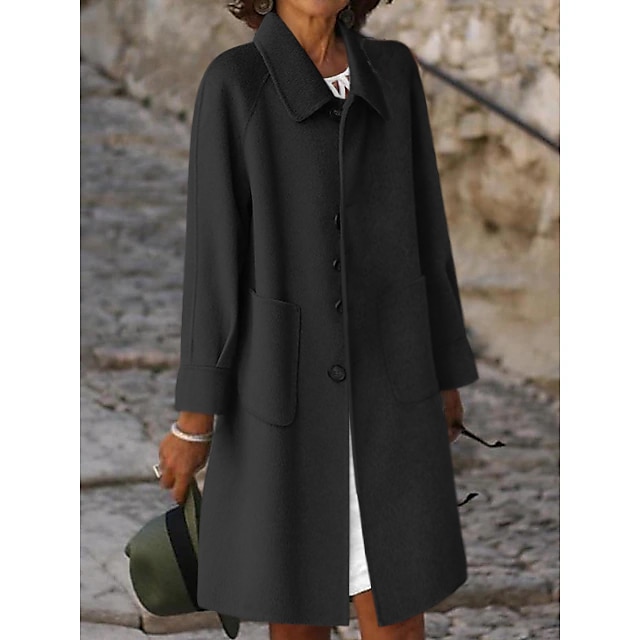 Women's Winter Coat Long Overcoat Single Breasted Lapel Pea Coat Thermal Warm Windproof Trench Coat with Pockets Elegant Outerwear Fall Outerwear Long Sleeve Gray Black 2023 - US $31.99 –P3