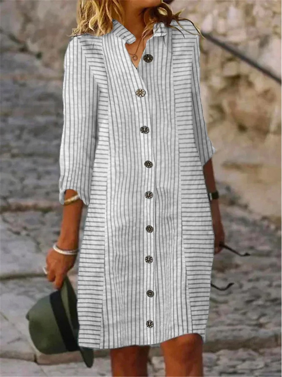 Women's Shirt Dress Casual Dress Cotton Linen Dress Midi Dress Cotton Blend Modern Casual Outdoor Daily Vacation Shirt Collar Print Button Up 3/4 Length Sleeve Summer Spring Fall 2023 Regular Fit Gray 2023 - US $29.99 –P3