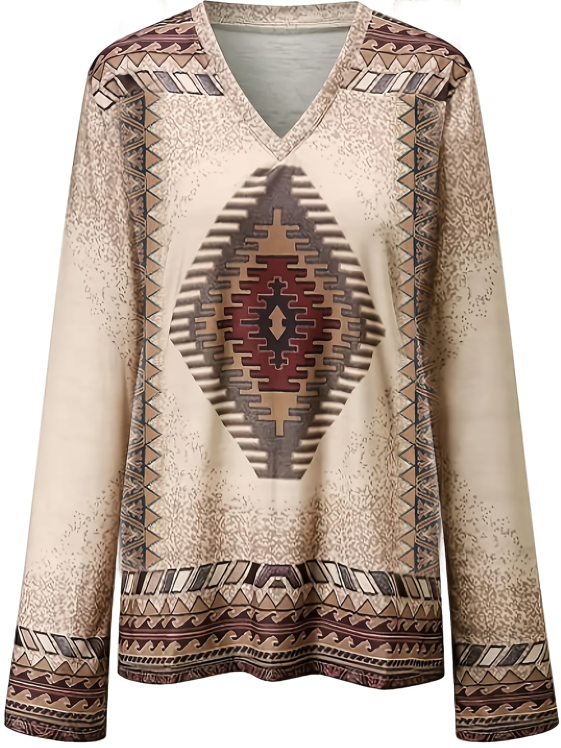 Dame Pluss Størrelse T-skjorte V-hals Langermet Tunika Grafisk Geometrisk Vintage Basis Etnisk Lange Topp Daglig Helge Print Blå Khaki Høst  Vinter 2025 - $22.99 –P6