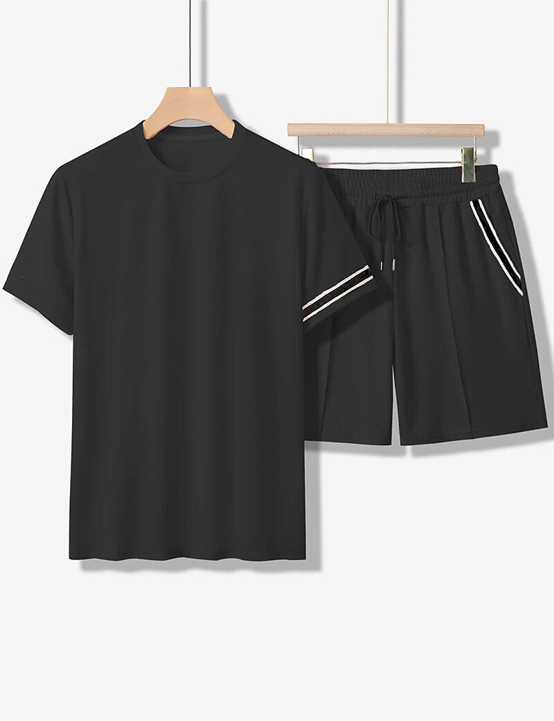 Men's Tee & Drawstring Waist Shorts 2 Pieces Outfits Short Sleeves Crewneck Summer Striped Fashion Sport Casual 2 Piece Striped Trim Vacation Daily Wear Activewear Black Pink Khaki Top Tee for Men 2025 - €18.99 –P10