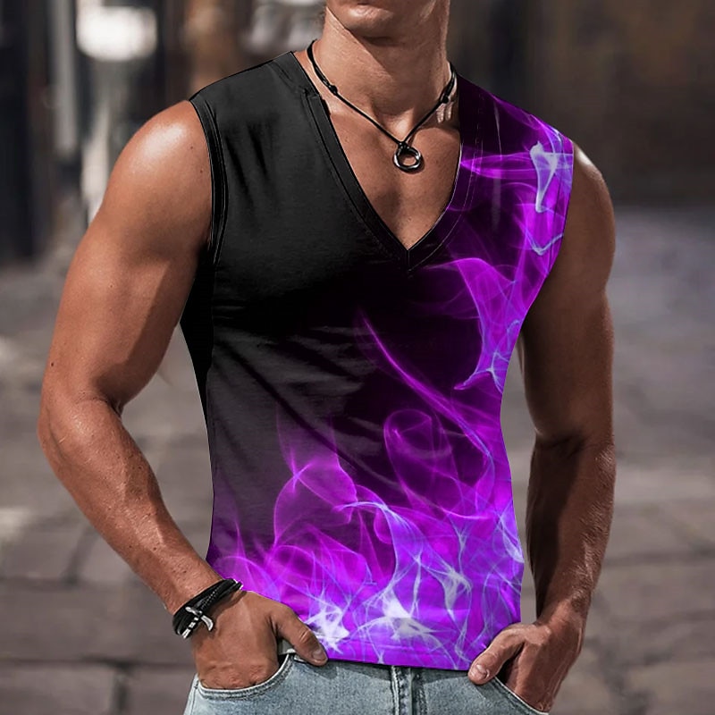 Herr Grafisk Färgblock Helveteseldslågor Låga Linne Ärmlös T-shirt för män Flame skjorta Ärmlös T-shirt 3D-tryck V-hals Skjorta Designer Ledigt Muskel Sport Löpning Gym Rubinrött Blå Purpur Vår 2025 - $15.99 –P4