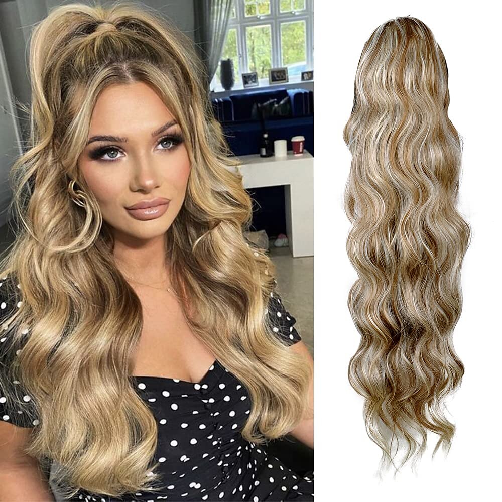 24 pouces long corps vague queue de cheval extension de cheveux synthétique résistant à la chaleur enveloppement autour cordon bouclés ondulés queue de cheval postiches pour les femmes de 2025 ? $6.99 –P8
