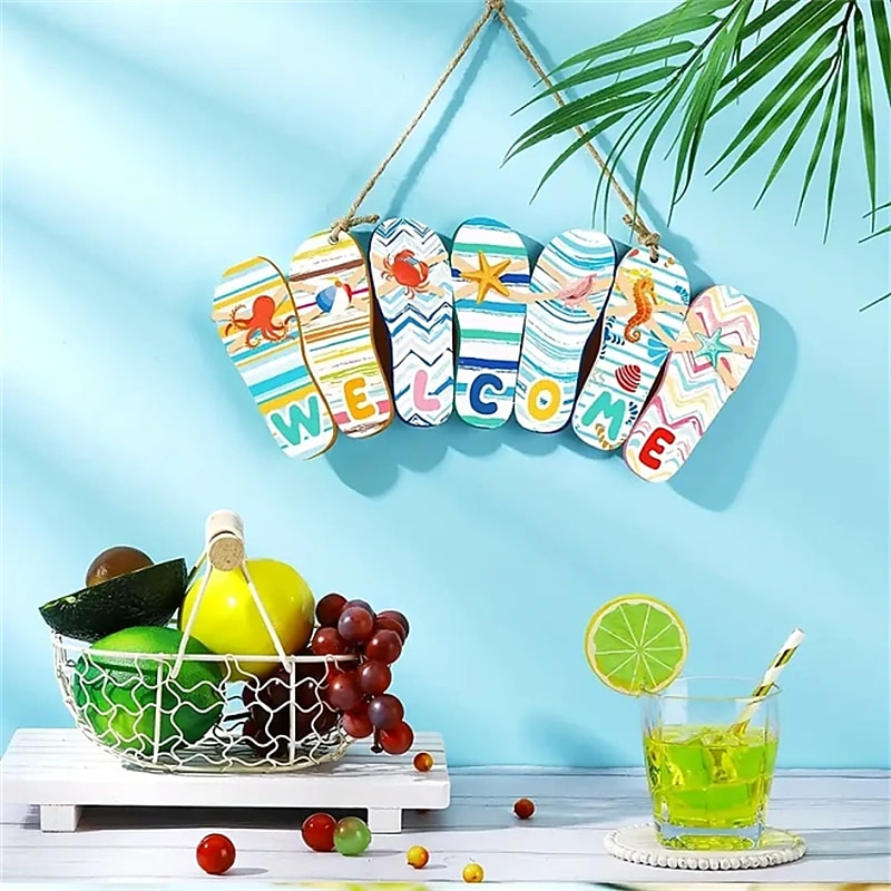 1 pc pantoufles d'été en bois signe suspendu bonjour l'été plaque de plage rustique bienvenue plage thème décor pour porte mur porche intérieur extérieur 12 x 6 x 0,2 pouces style de bienvenue fête de 2026 ? $9.99 –P3