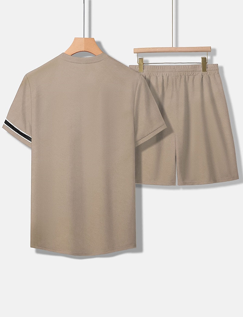 Men's Tee & Drawstring Waist Shorts 2 Pieces Outfits Short Sleeves Crewneck Summer Striped Fashion Sport Casual 2 Piece Striped Trim Vacation Daily Wear Activewear Black Pink Khaki Top Tee for Men 2025 - €18.99 –P2