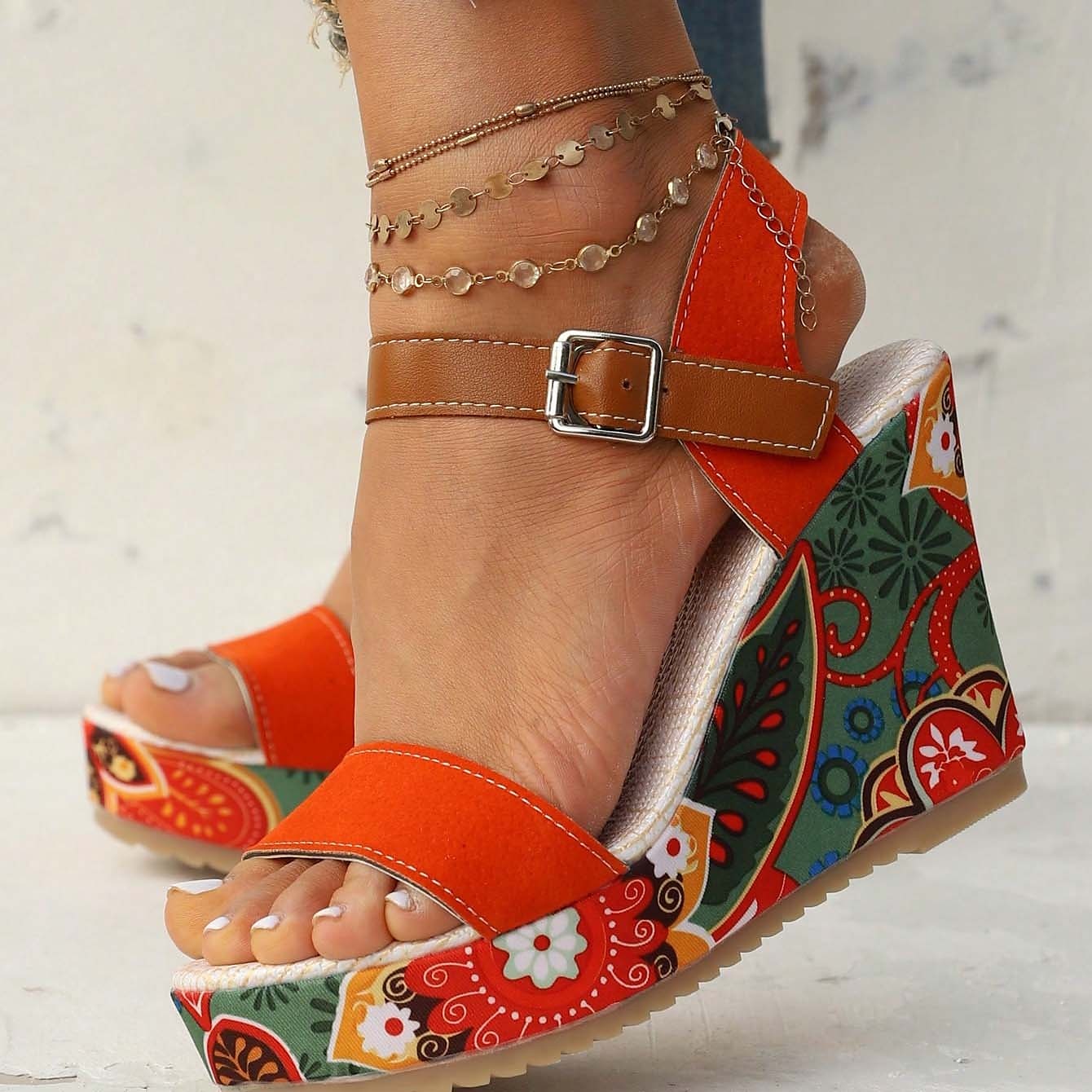 Damen-Keilsandalen im Boho-Stil mit Blumenmuster – offenes Plateaudesign mit verstellbaren Riemen für lässige Sommeroutfits 2026 - $32.99 –P17