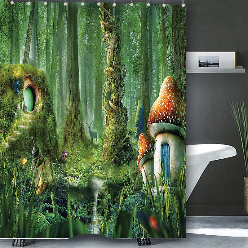 Zasłona prysznicowa z 12 haczykami 180 cm*180 cm (70"*70") poliestrowa wodoodporna nadająca się do prania wzór leśnego krajobrazu 2025 - $22.99 –P2