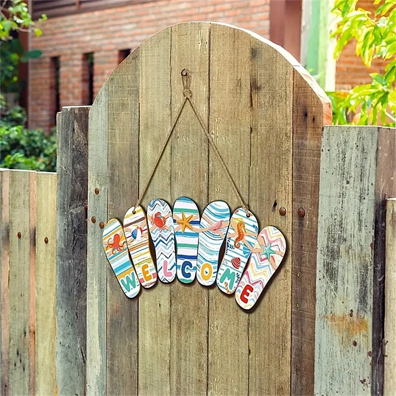 1 pc pantoufles d'été en bois signe suspendu bonjour l'été plaque de plage rustique bienvenue plage thème décor pour porte mur porche intérieur extérieur 12 x 6 x 0,2 pouces style de bienvenue fête de 2026 ? $9.99 –P5