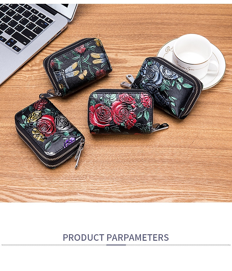 mode rfid vrouwen kaarthouder split lederen dubbele rits kaarthouder grote capaciteit 3d bloem bedrukte dame vrouwen portefeuilles portemonnee 2025 - $20.99 –P2