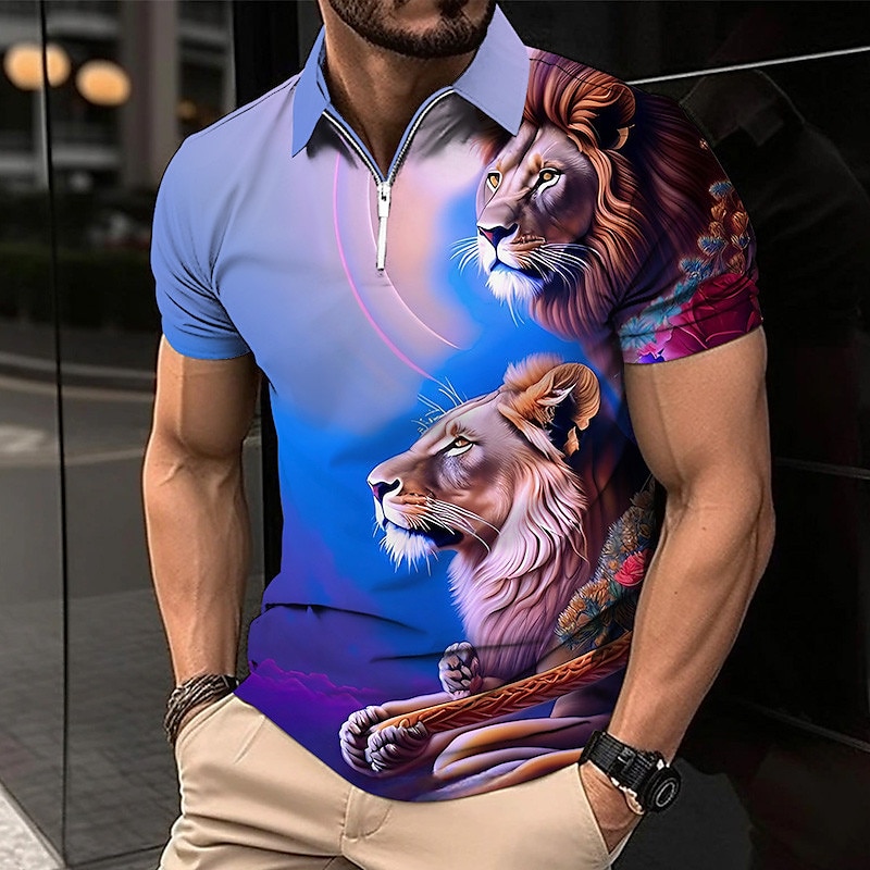 Men's Lion Zip Polo Shirts Golf Shirt Short Sleeve Polo Shirts Collared Shirts Casual Funny Streetwear Vacation Wear Party Outfits 3D Print Quarter Zip Polo Pink Army Green Royal Blue 2025 - $22.99 –P2