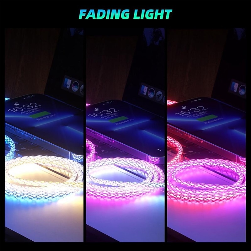 Fast Charging RGB Cable 100W Breathing Light 66W Type C USB C Data Cable for iPhone Samsung Android Micro 30W Quick Charge Cable 2026 - $11.99 –P3