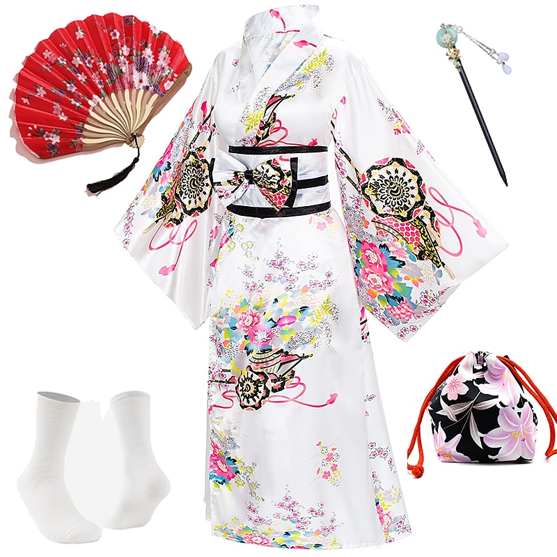 Japanese Anime Women's Kimono Robe Geisha Yukata Sweet Dress Blossom Satin Bathrobe Sleepwear Fans Socks Hair Accessories Purse 5 PCS 2025 - $68.99 –P9