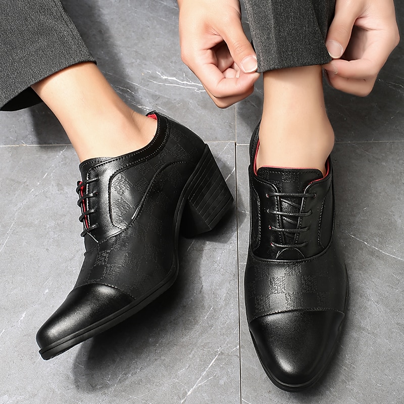 Мужские черные туфли из искусственной кожи на шнуровке с блочным каблуком – стильная официальная обувь для бизнеса, вечеринок и особых случаев 2026 - $64.99 –P5