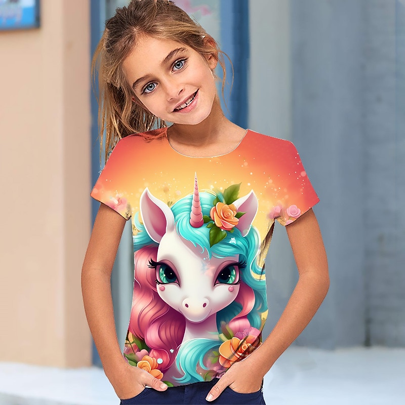 Flickor 3D Grafisk Tecknat Enhörnings T-shirt Kortärmad 3D-tryck Sommar Vår Aktiv Mode söt stil Polyester Barn 3-12 år Utomhus Ledigt Dagligen Normal 2025 - $11.49 –P6