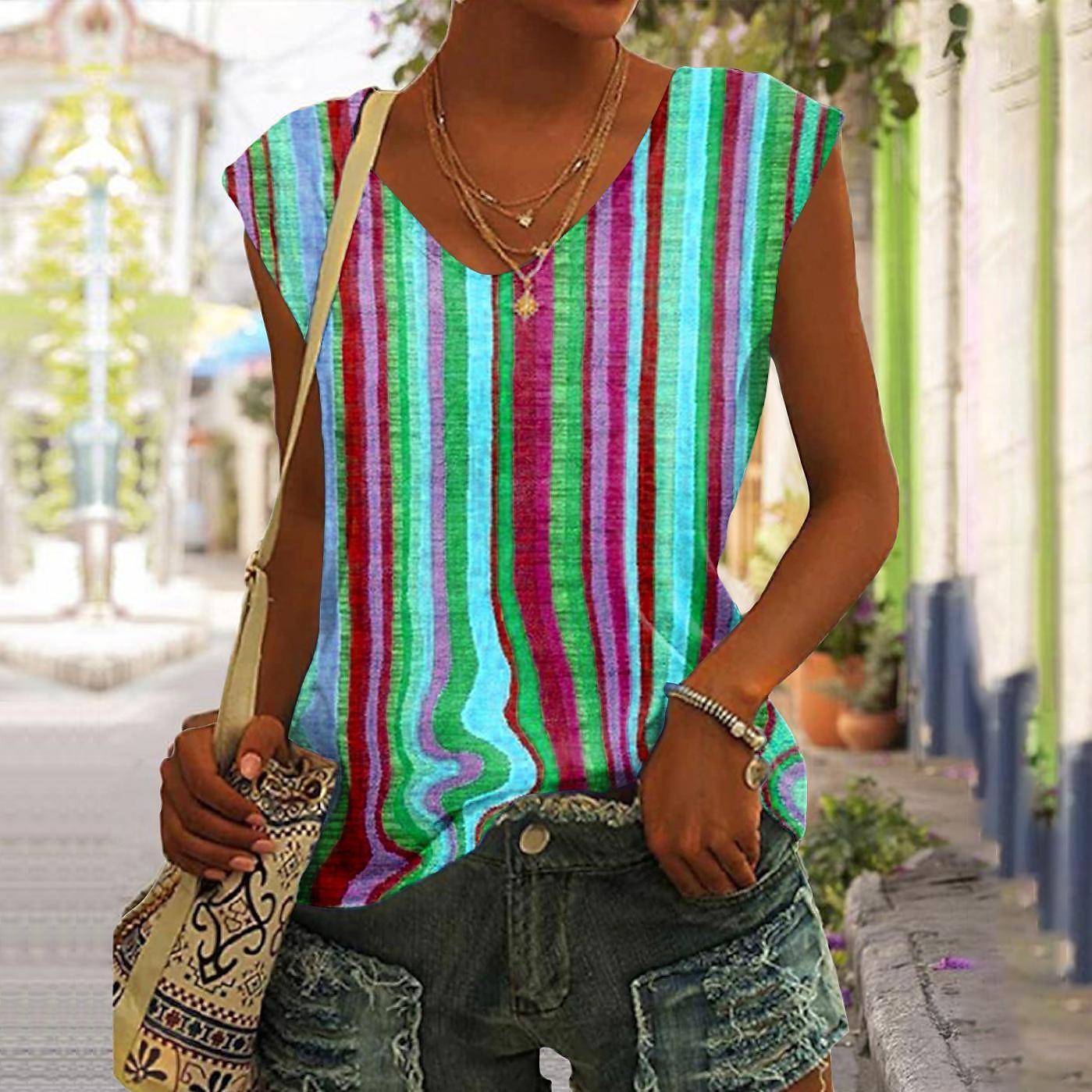 Women's Tank Top Yellow Pink Blue Striped Print Sleeveless Casual Basic V Neck Regular S 2023 - US $10.99 –P3